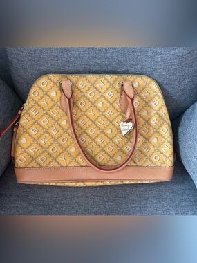 Dooney & Bourke Yellow Patterned Satchel with Tan Trim
